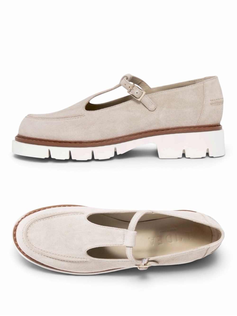L’idea – Olga T-Strap Mary Jane Lug Sole Flats – Taupe Suede – Sz. 37.5